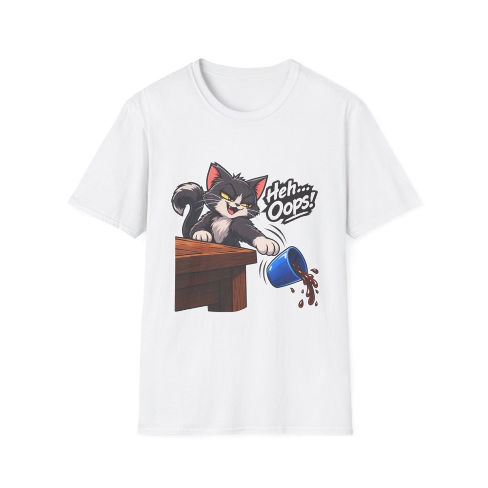 Heh Oops tee, a tuxedo cat calmly pushing a full mug off the edge of a wooden table with the speech bubble Heh... Oops!, on a white t-shirt