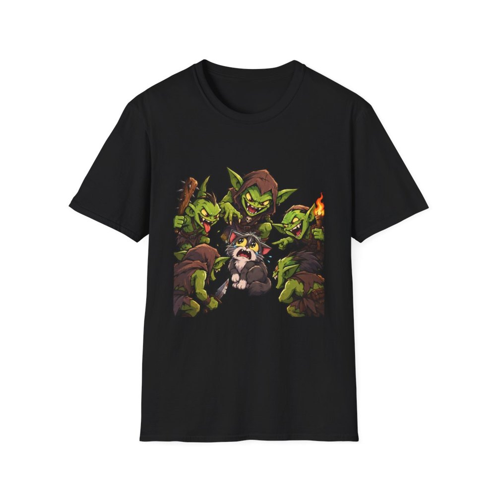 Goblin Raid tee, a terrified fluffy cat surrounded by four armed cartoon goblins carrying clubs, a knife and a torch, on a black t-shirt