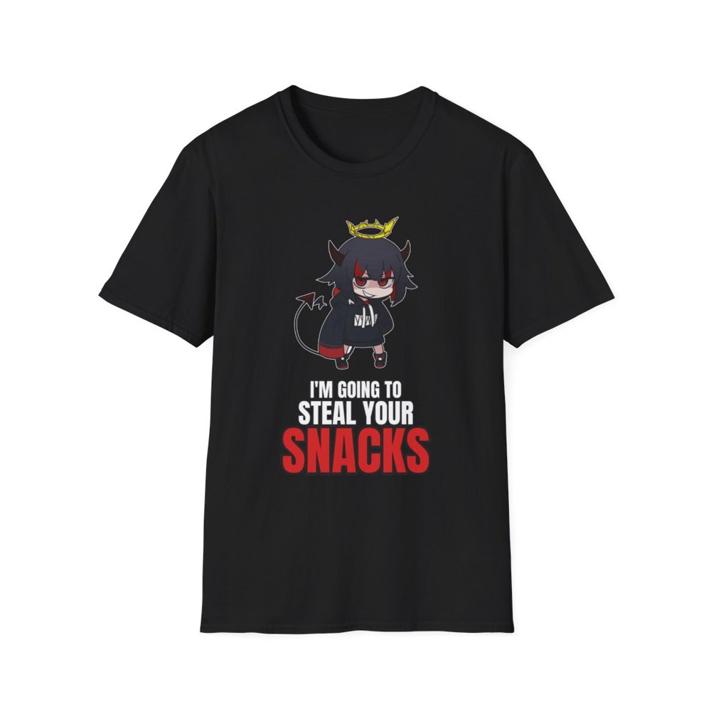 I'm Going To Steal Your Snacks tee, a chibi devil girl in an oversized black hoodie with horns, a stolen gold halo and a tail, on a black t-shirt