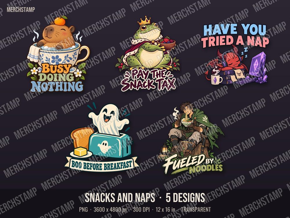 Snacks and Naps bundle preview, five PNG designs on a dark background: Busy Doing Nothing, Pay The Snack Tax, Have You Tried A Nap, Boo Before Breakfast and Fueled By Noodles