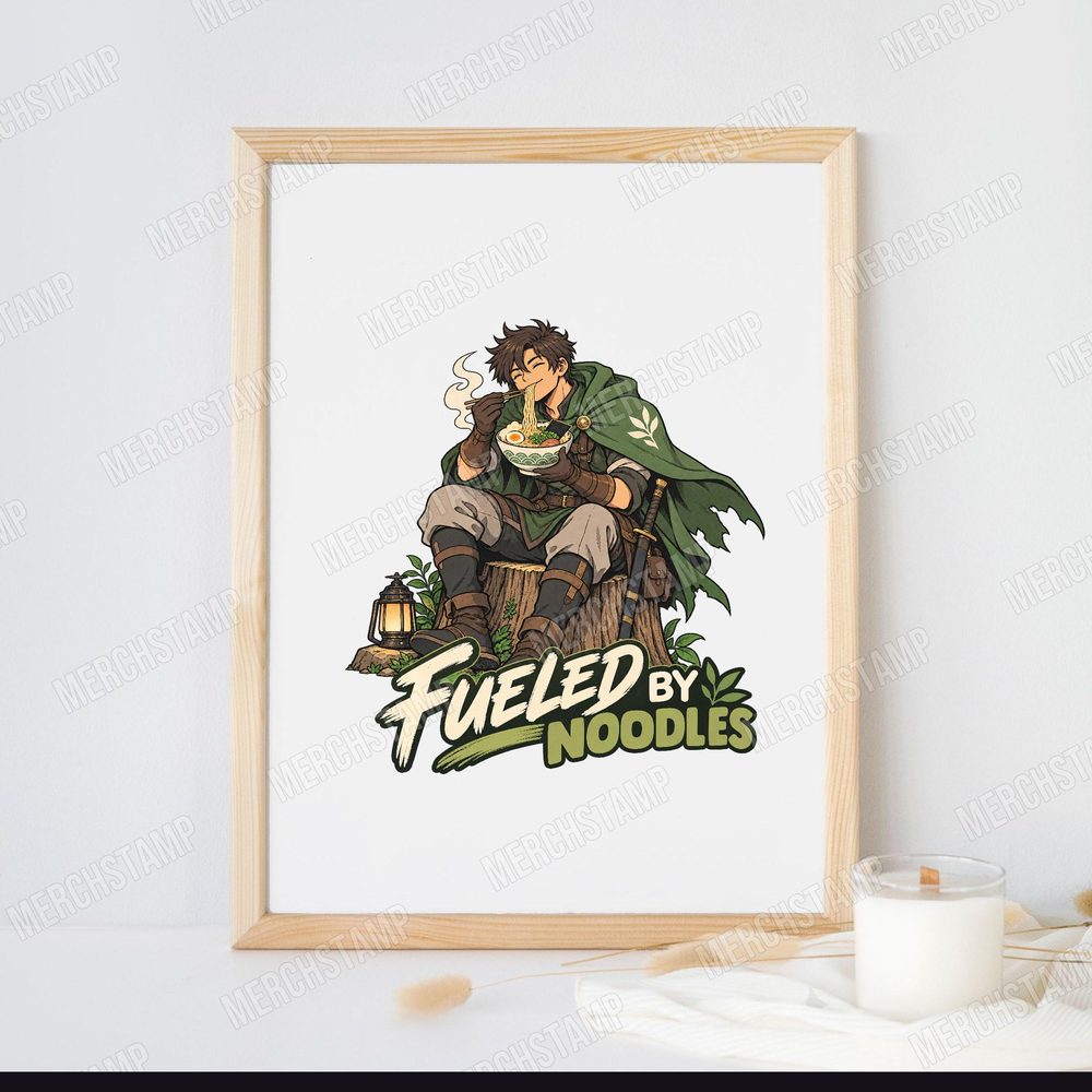 Fueled By Noodles PNG design shown as a framed print, an adventurer in a green cloak eating a steaming bowl of ramen on a tree stump above the words Fueled By Noodles