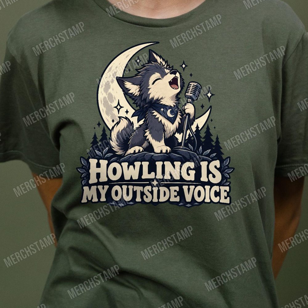 Howling Is My Outside Voice PNG design shown on an olive t-shirt, a grey wolf pup howling into a vintage microphone before a crescent moon and pines, above the words Howling Is My Outside Voice