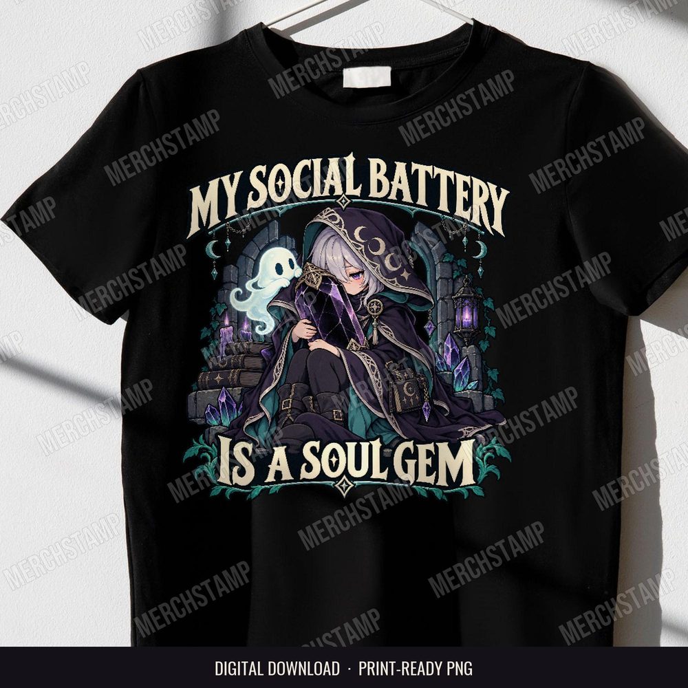 My Social Battery Is A Soul Gem PNG design shown on a black t-shirt, a hooded gothic girl hugging a large purple crystal in a candlelit archway between the words My Social Battery Is A Soul Gem