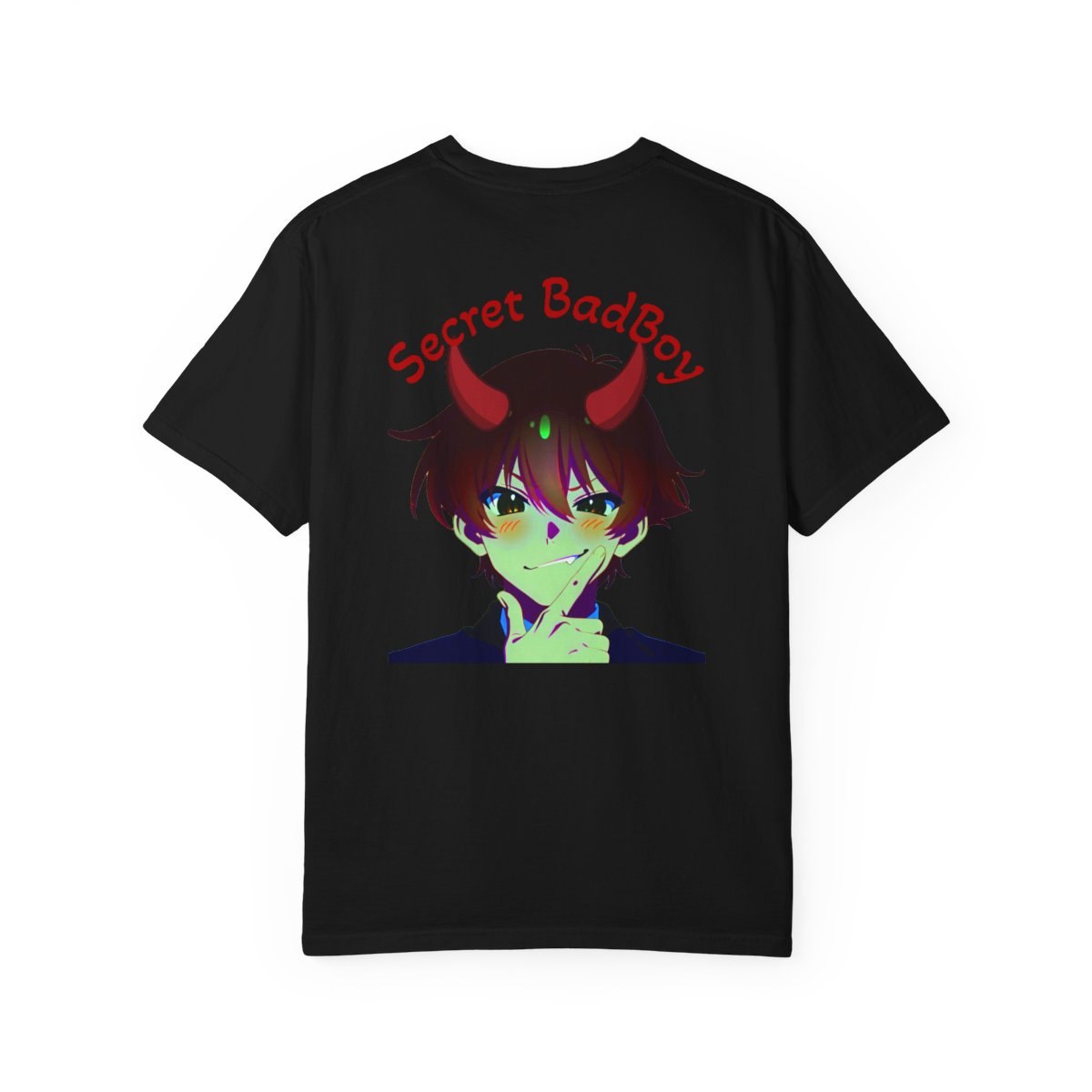 Certified Goodboy tee, back print, the same boy with devil horns and a green tint, labeled Secret BadBoy