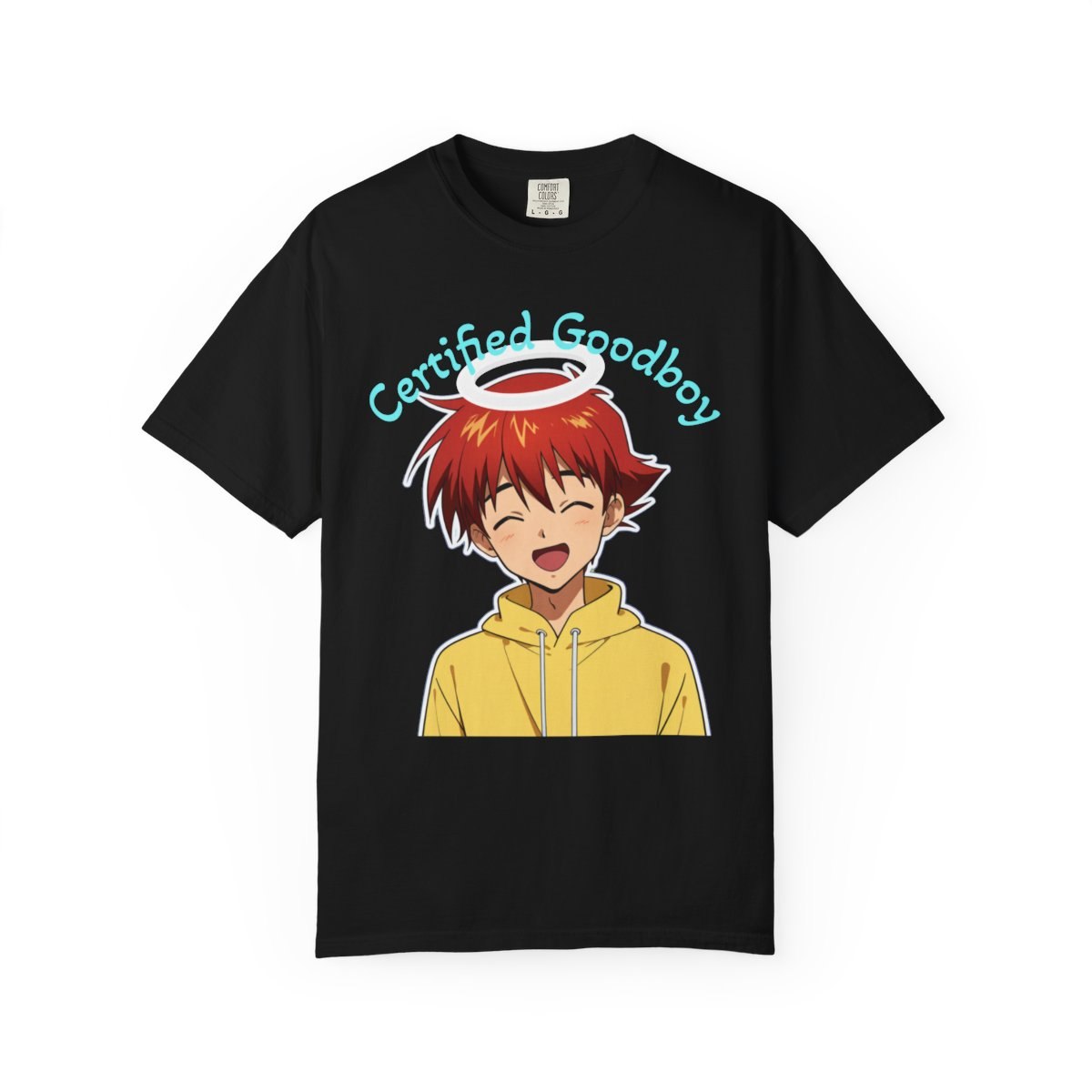 Certified Goodboy tee, front print, a smiling anime boy in a yellow hoodie with a halo