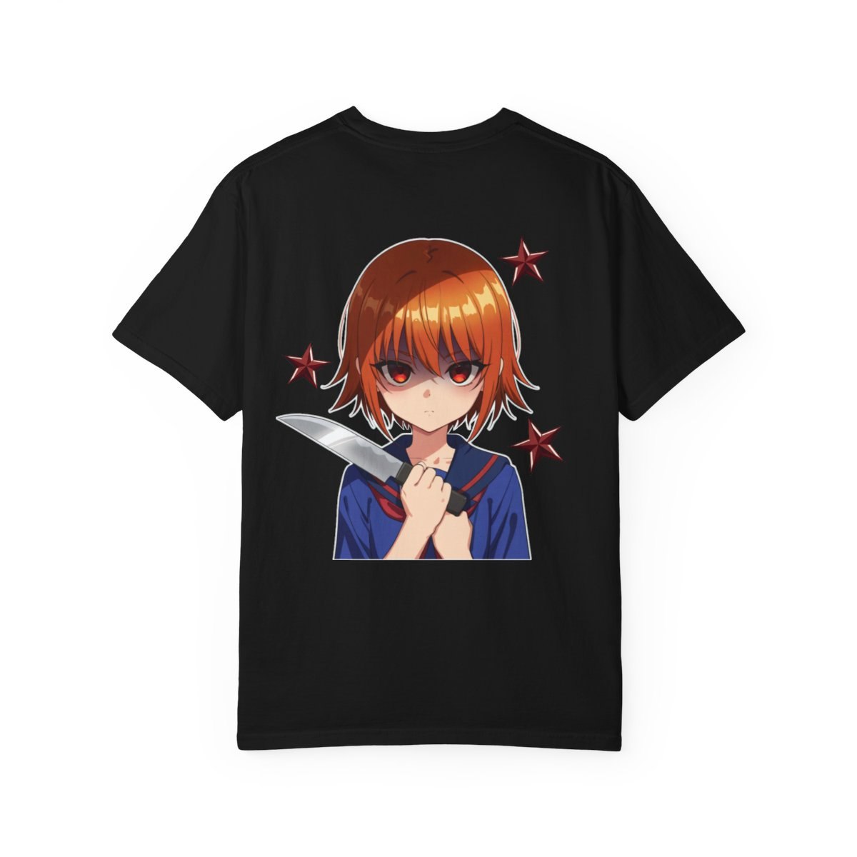 Certified Goodgirl tee, back print, the same girl holding a knife with red eyes