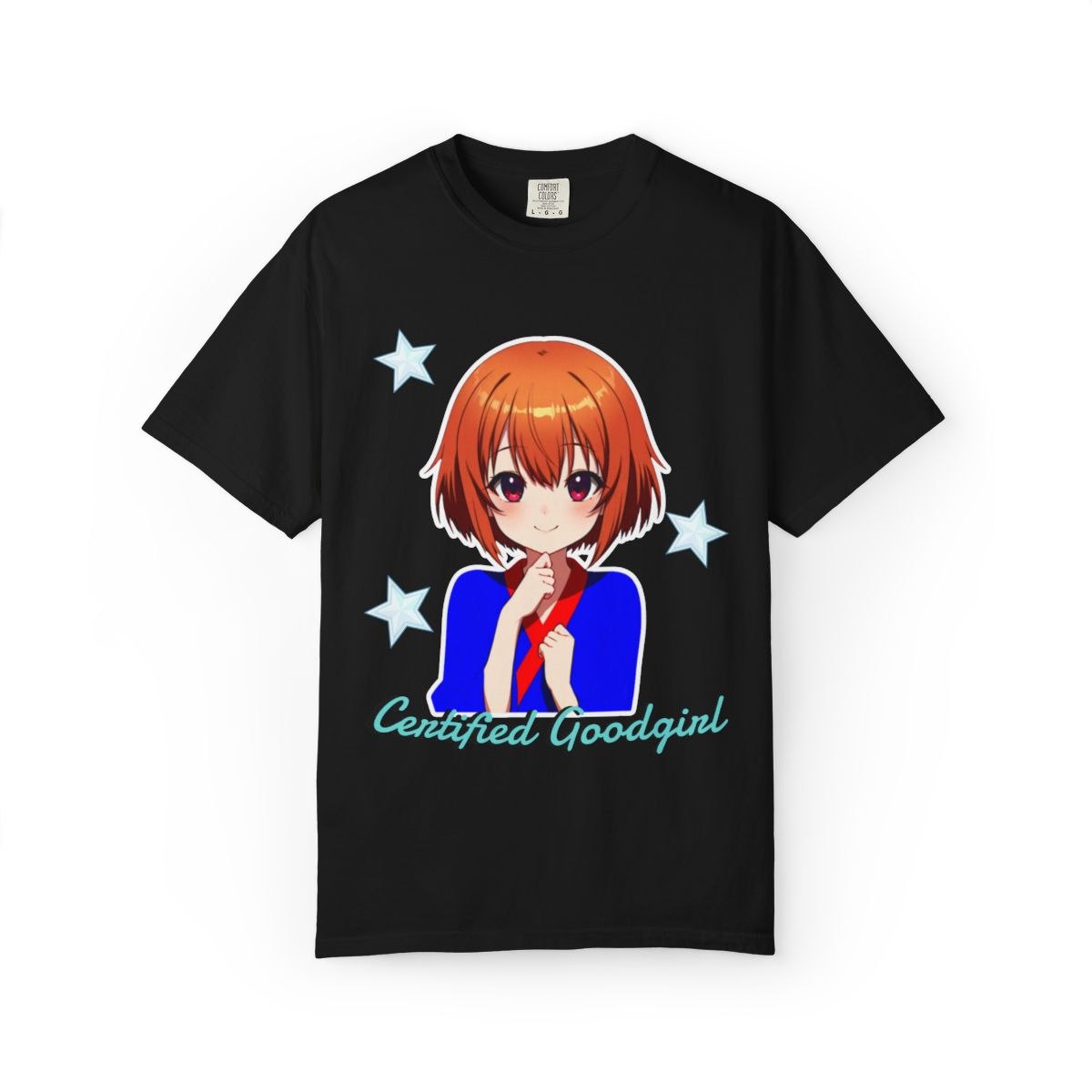 Certified Goodgirl tee, front print, a smiling anime girl in a blue school jacket with a halo of stars