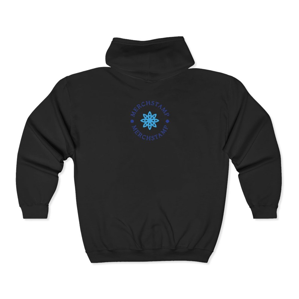 MerchStamp Support Hoodie, back, the MerchStamp mark printed across the upper back of a black full zip hooded sweatshirt