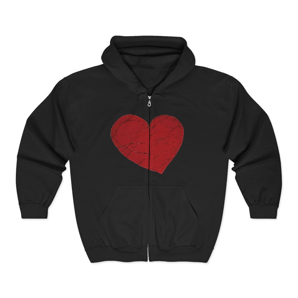 MerchStamp Support Hoodie, front, a large distressed red heart across the chest of a black full zip hooded sweatshirt