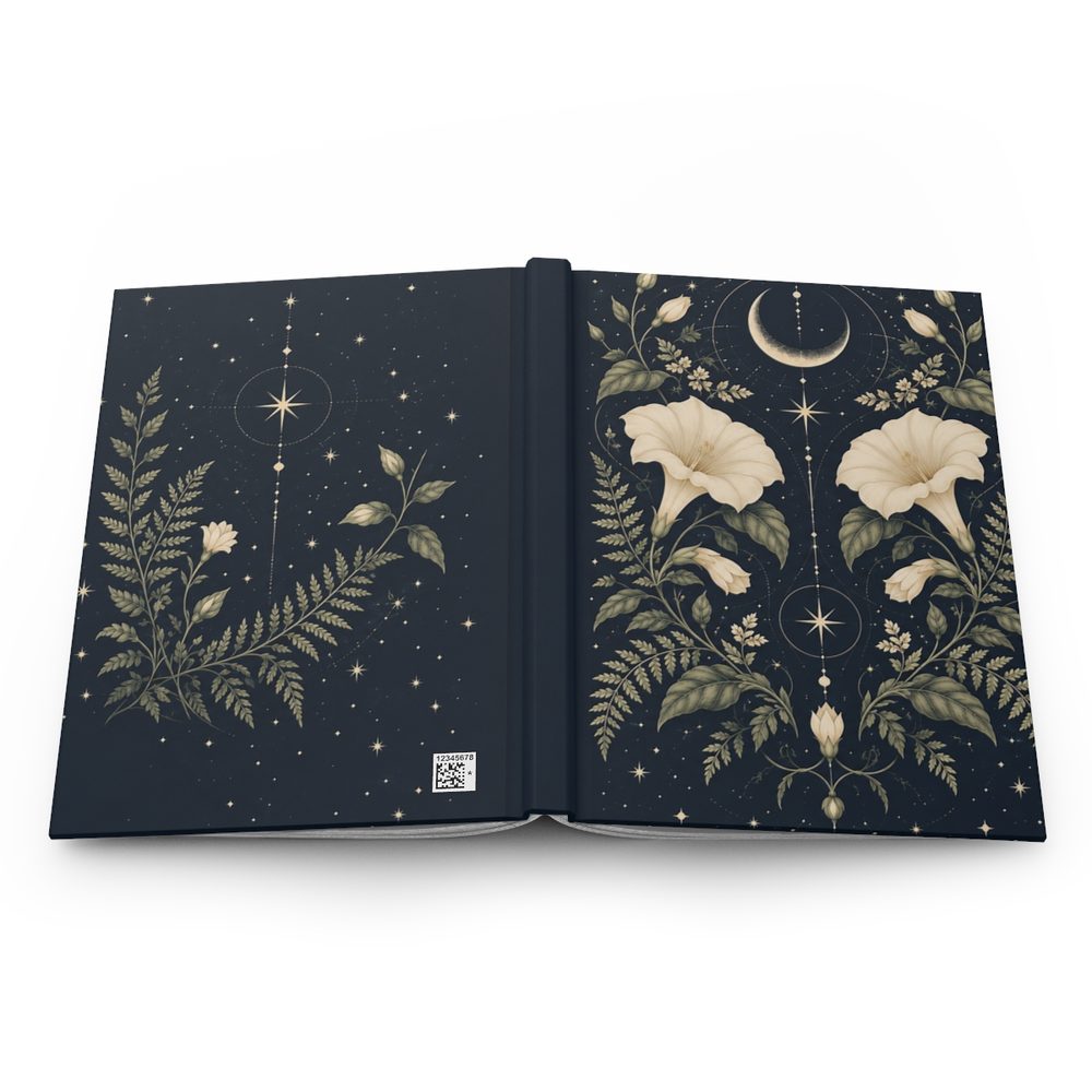 Celestial Botanical hardcover journal shown open flat, white moonflowers, ferns and crescent moons with constellation dots on deep navy wrapping across the front, spine and back cover