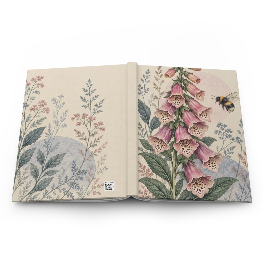 Foxglove and Bumblebee hardcover journal shown open flat, a pink foxglove and a bumblebee drawn in soft colored-pencil style on cream wrapping across the front, spine and back cover