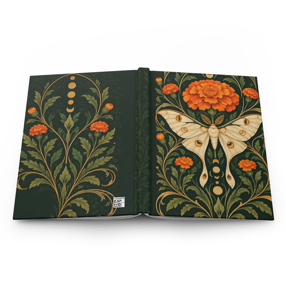 Moth and Marigold hardcover journal shown open flat, a cream moth and orange marigolds on flowing Art Nouveau stems over deep green wrapping across the front, spine and back cover