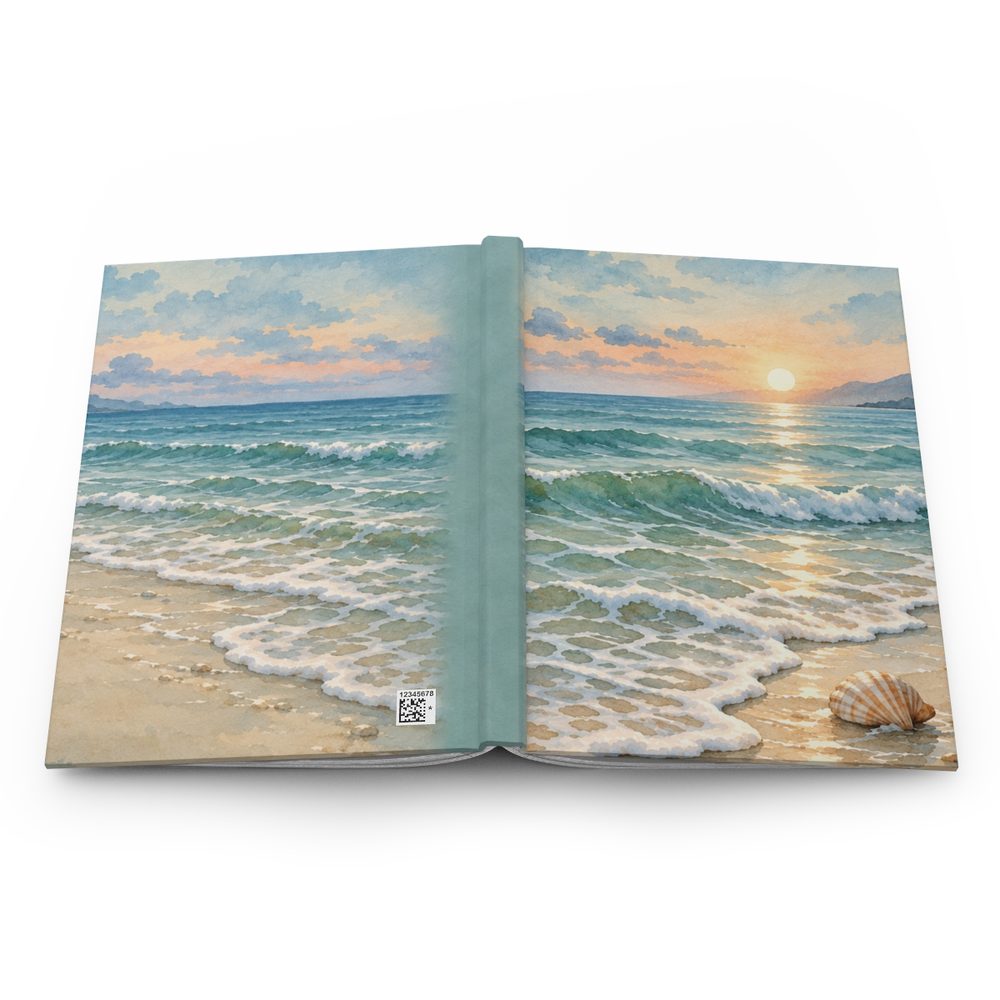 Ocean Wave hardcover journal shown open flat, gentle watercolor waves rolling onto a sandy shore at sunset with a single shell wrapping across the front, spine and back cover
