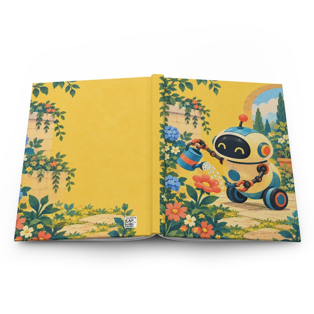 Retro Garden Robot hardcover journal shown open flat, a round retro robot tending orange flowers on a sunny yellow background wrapping across the front, spine and back cover