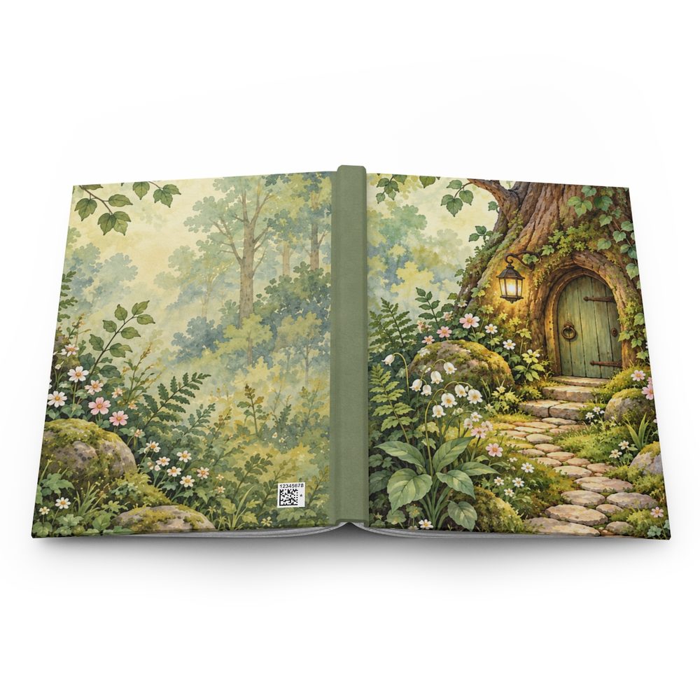 Woodland Fairy Door hardcover journal shown open flat, a lantern-lit fairy door in a mossy tree beside a stone path through a green forest wrapping across the front, spine and back cover