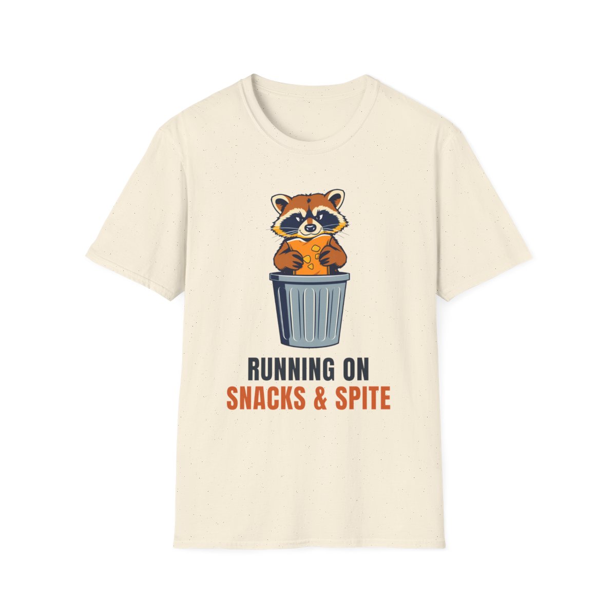 Running On Snacks and Spite tee, an angry cartoon raccoon holding food inside a trash can, on a natural colored t-shirt