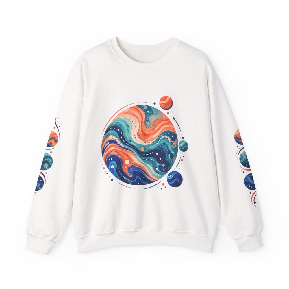 Abstract Coral and Teal crewneck sweatshirt in white, a round abstract swirl of coral, teal and cobalt with small orbiting planets on the front with matching prints down both sleeves