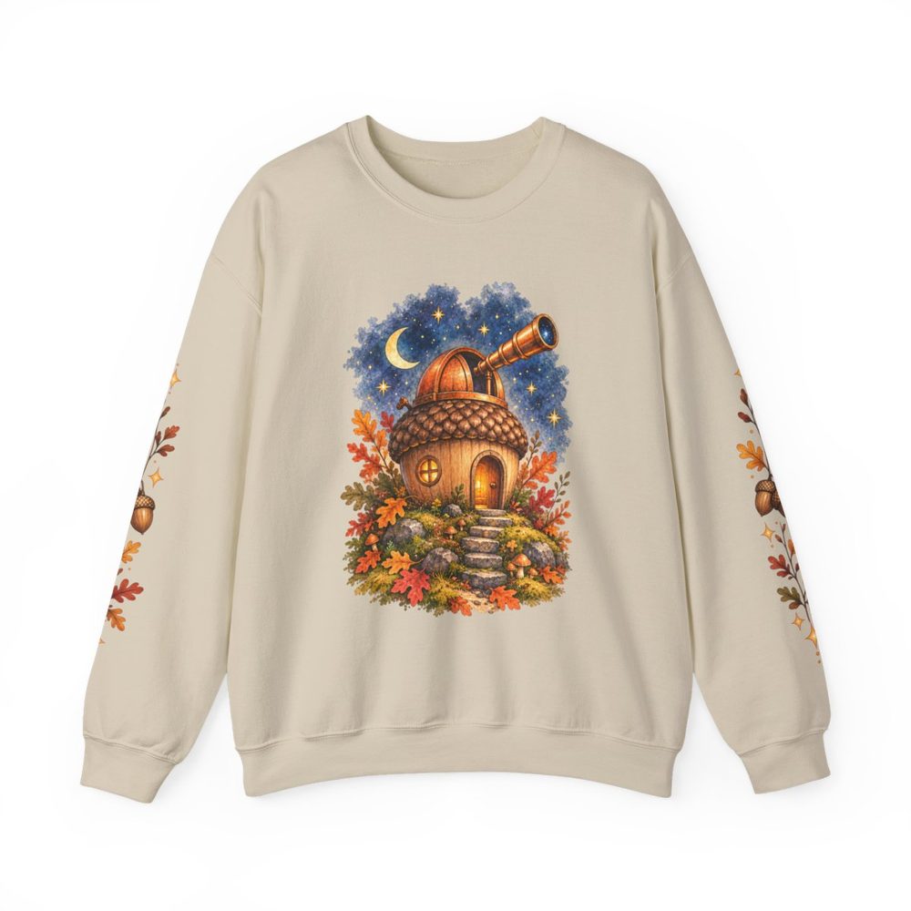 Acorn Observatory crewneck sweatshirt in sand, a tiny acorn-shaped observatory with a telescope on a flowering hill at night on the front with matching prints down both sleeves