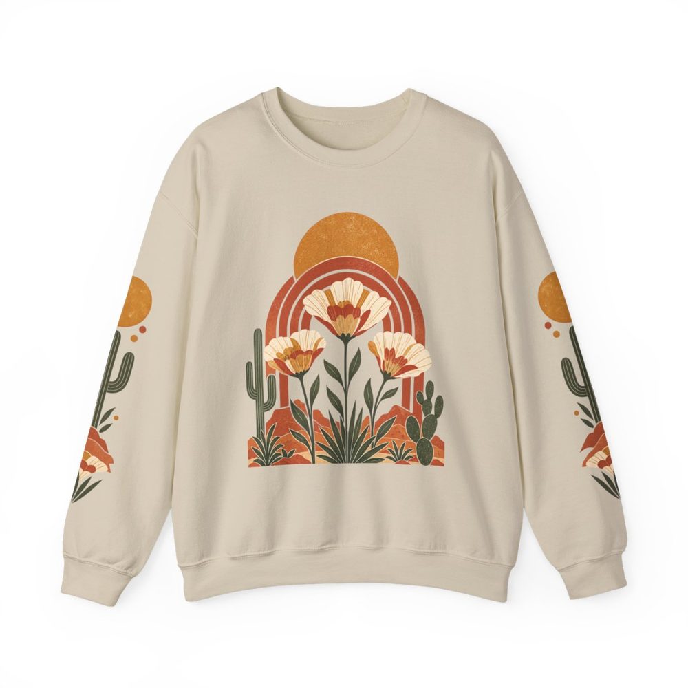 Desert Flower crewneck sweatshirt in sand, terracotta arches, desert flowers and cacti under an ochre sun on the front with matching prints down both sleeves