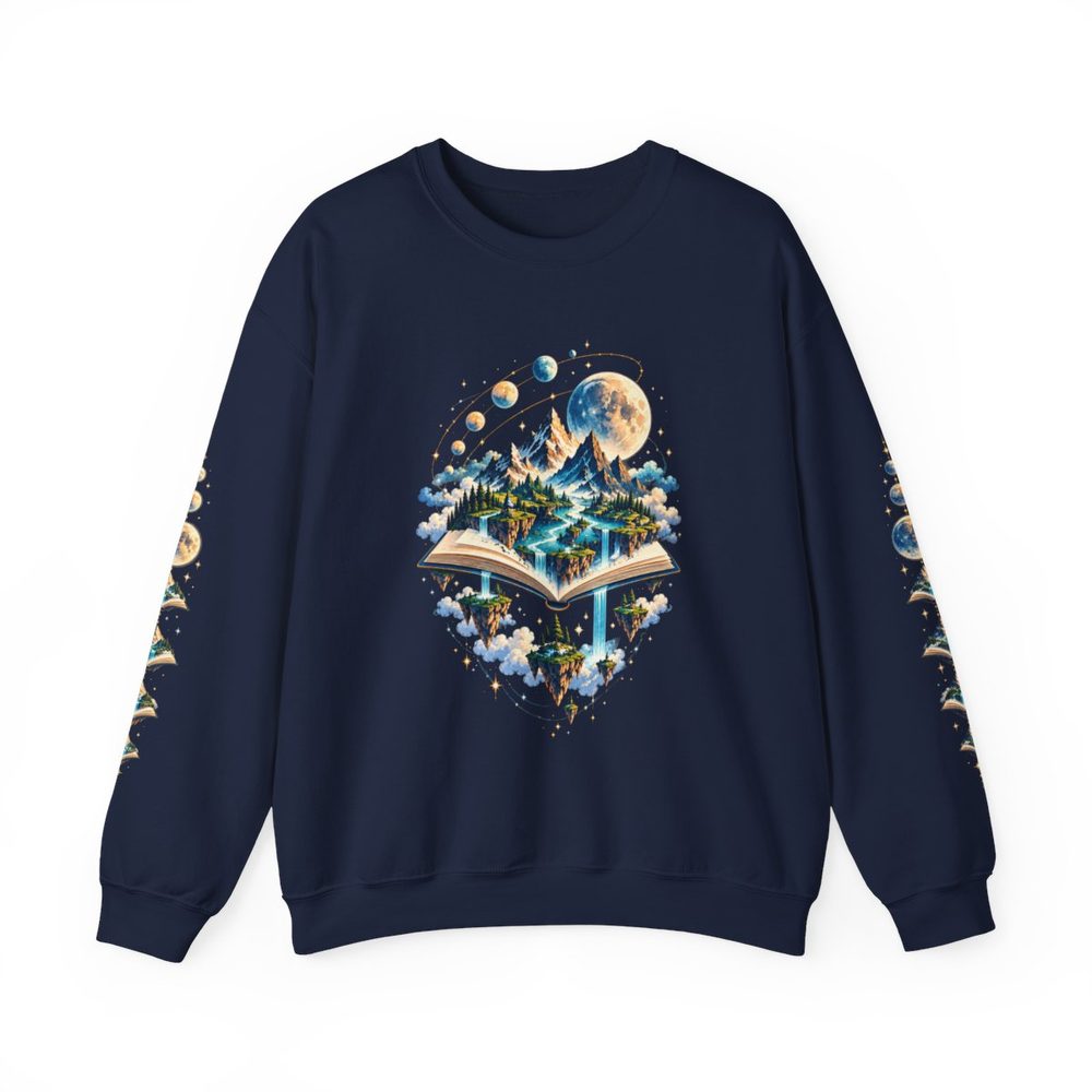 Fantasy Book and Moon crewneck sweatshirt in navy, an open book unfolding into floating mountains and waterfalls under a row of moon phases on the front with matching prints down both sleeves
