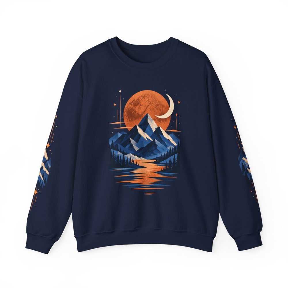 Geometric Mountain crewneck sweatshirt in navy, angular blue mountains under a copper sun and crescent moon, reflected in water on the front with matching prints down both sleeves