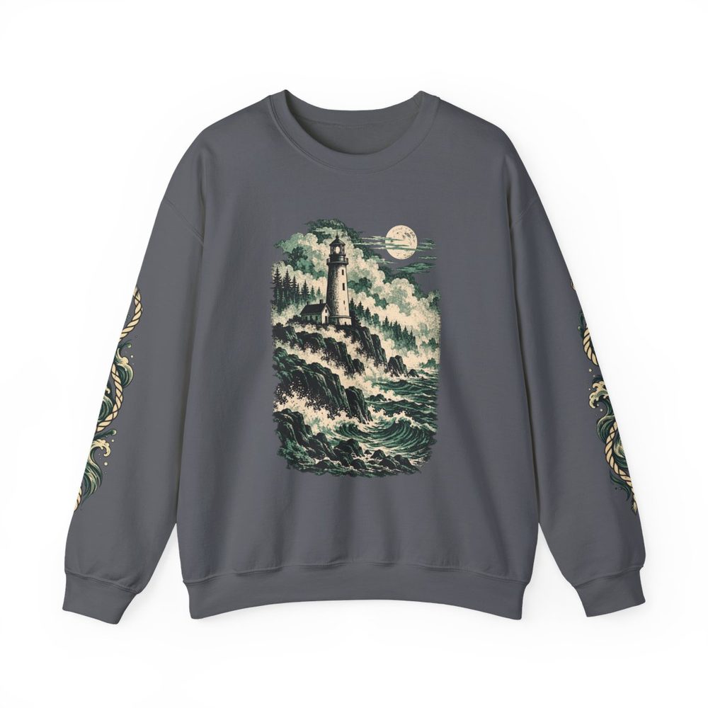 Lighthouse crewneck sweatshirt in charcoal, a lighthouse rising above swirling waves and sea fog under a full moon on the front with matching prints down both sleeves