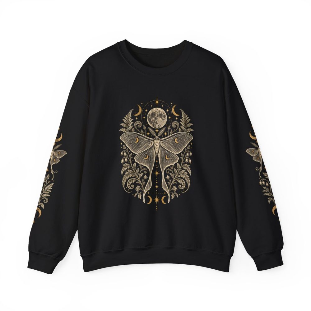 Luna Moth crewneck sweatshirt in black, an ivory luna moth with ornate gold ferns and moon phases on the front with matching prints down both sleeves