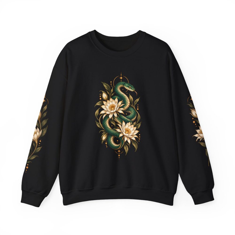 Snake and Night Flower crewneck sweatshirt in black, an emerald snake coiling through pale night flowers on the front with matching prints down both sleeves