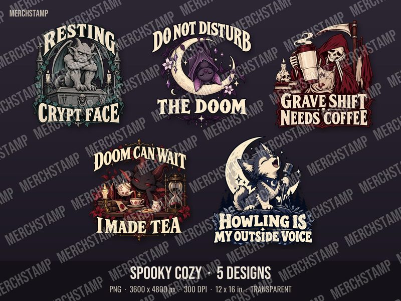 Spooky Cozy bundle preview showing five gothic humor PNG designs