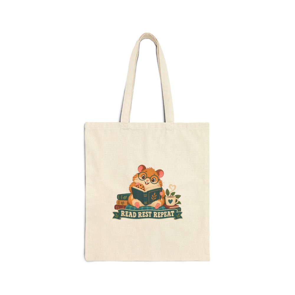 Cookie Librarian tote bag in natural cotton canvas, printed with a hamster in glasses reading a book on a stack of books beside a mug, above a banner reading Read Rest Repeat