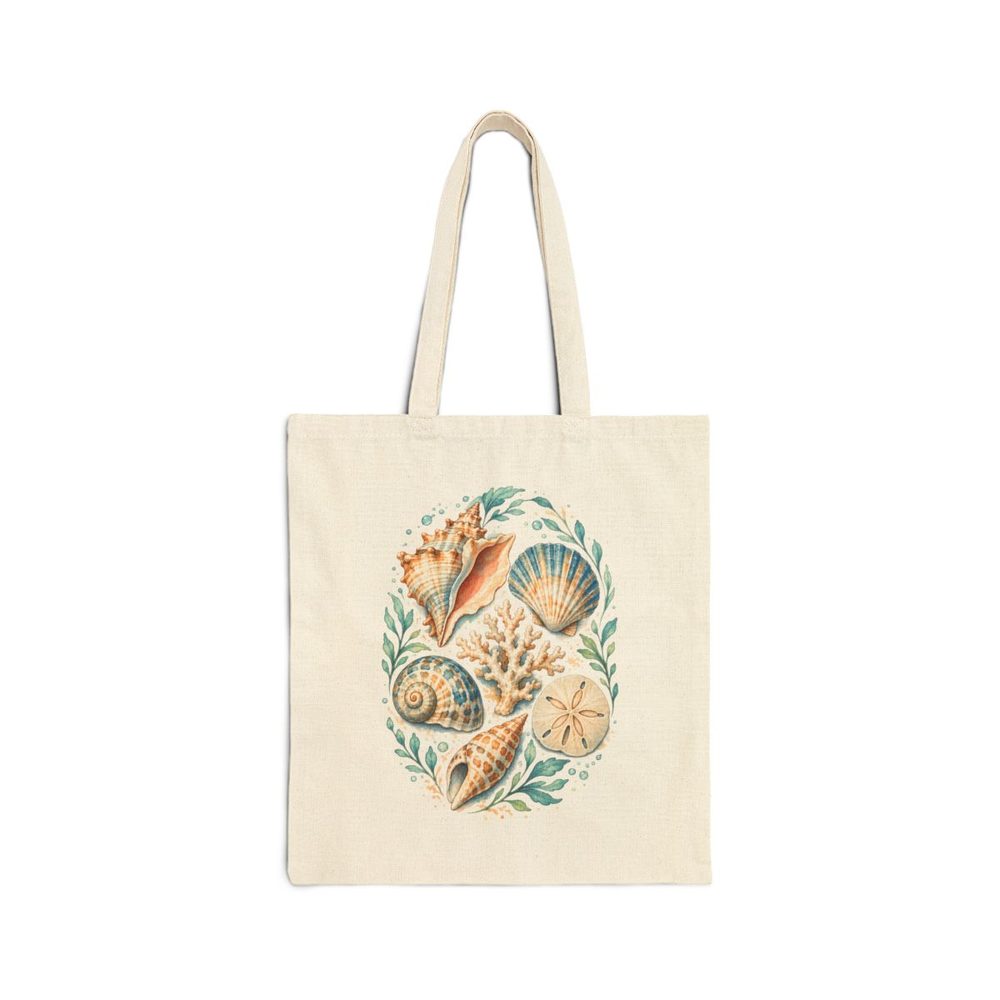 Seashell Watercolor tote bag in natural cotton canvas, printed with a cluster of watercolor seashells in sea-glass blue and sand tones