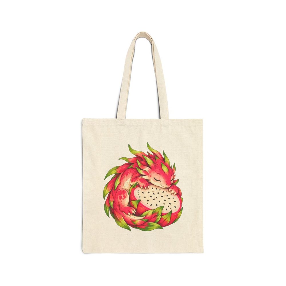 Sleeping Dragon and Dragonfruit tote bag in natural cotton canvas, printed with a tiny pink dragon curled asleep around a bright dragonfruit