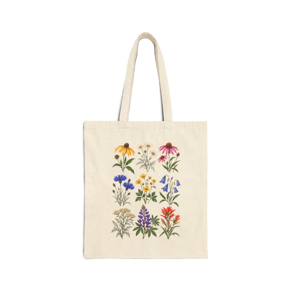 Wildflower Botanical tote bag in natural cotton canvas, printed with a neat botanical study of colorful meadow wildflowers