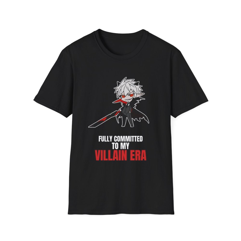 Fully Committed To My Villain Era tee, a chibi dark anime swordsman with white hair, red eyes and an oversized blade on a black t-shirt